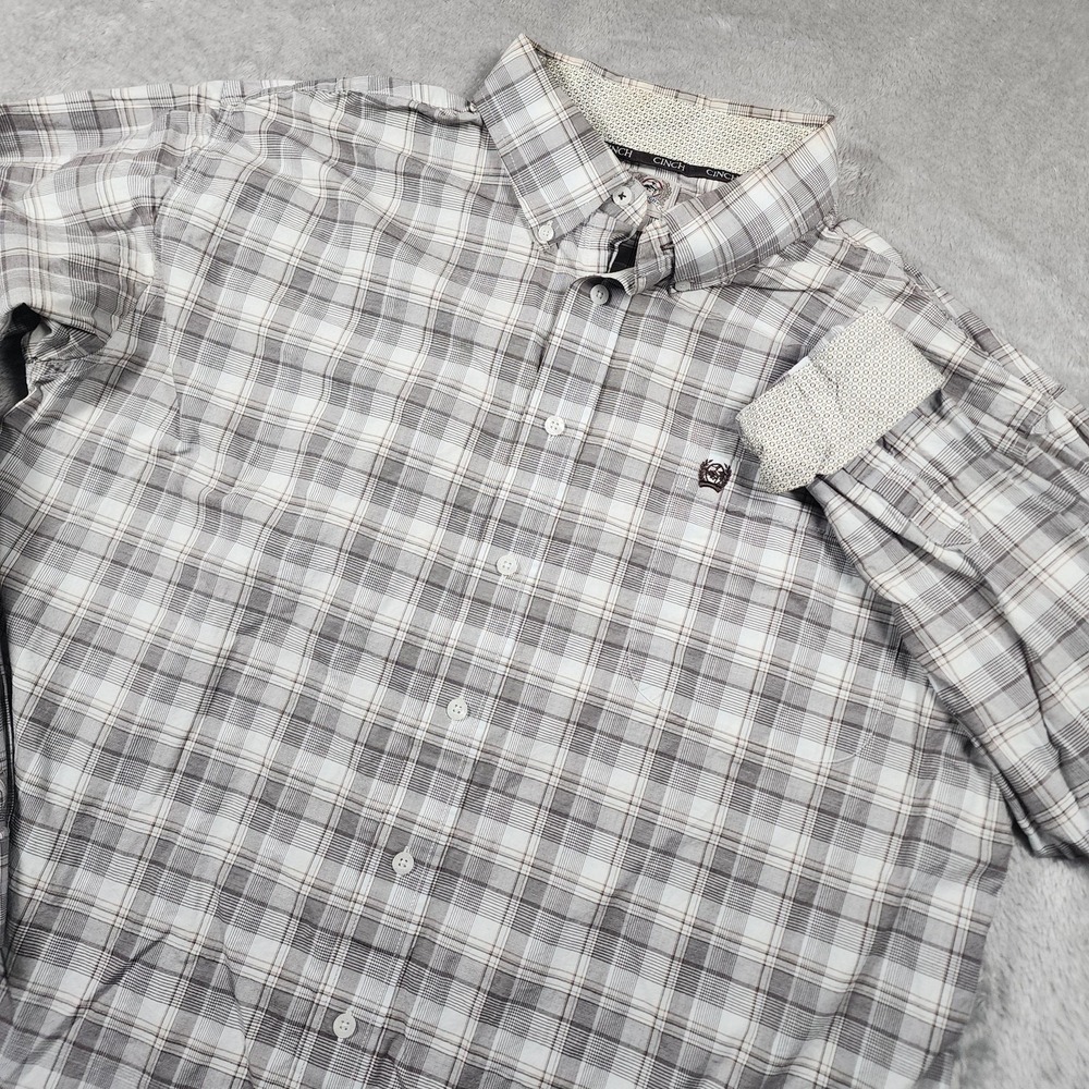 Cinch Shirt‎ Mens Large Gray Brown Plaid Flip Cuff Long Sleeve Western Logo